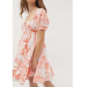 Urban Outfitters Coral Print Puff-Sleeve Mini Dress - White & Coral